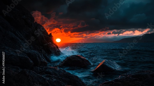  The sun sets over the ocean, with rocks in the foreground and ominous dark clouds looming overhead