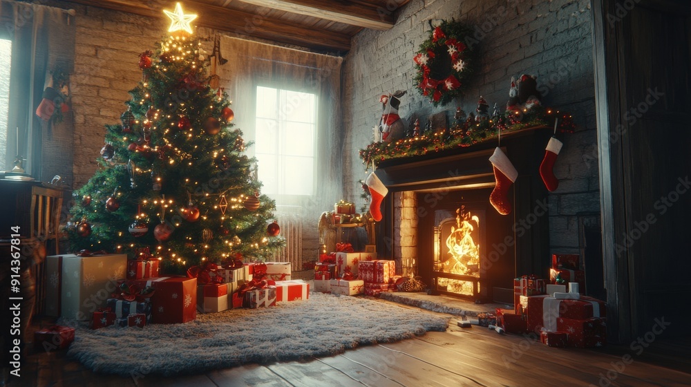 Christmas morning brings warmth and joy with a glowing fireplace, a decorated tree, and gifts waiting to be unwrapped in a charming living room, happy new year 2025 and merry christmas theme Christmas morning brings warmth and joy with a glowing fireplace, a decorated tree, and gifts waiting to be unwrapped in a charming living room, happy new year 2025 and merry christmas theme