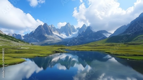 A serene mountain lake reflects the clear blue sky and fluffy white clouds. Green meadows stretch out before the majestic peaks.