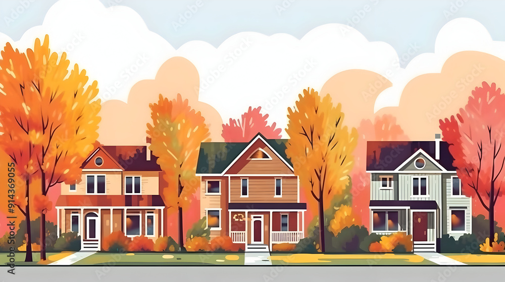 Colorful autumn houses on a quiet street. Colorful autumn houses on a quiet street.