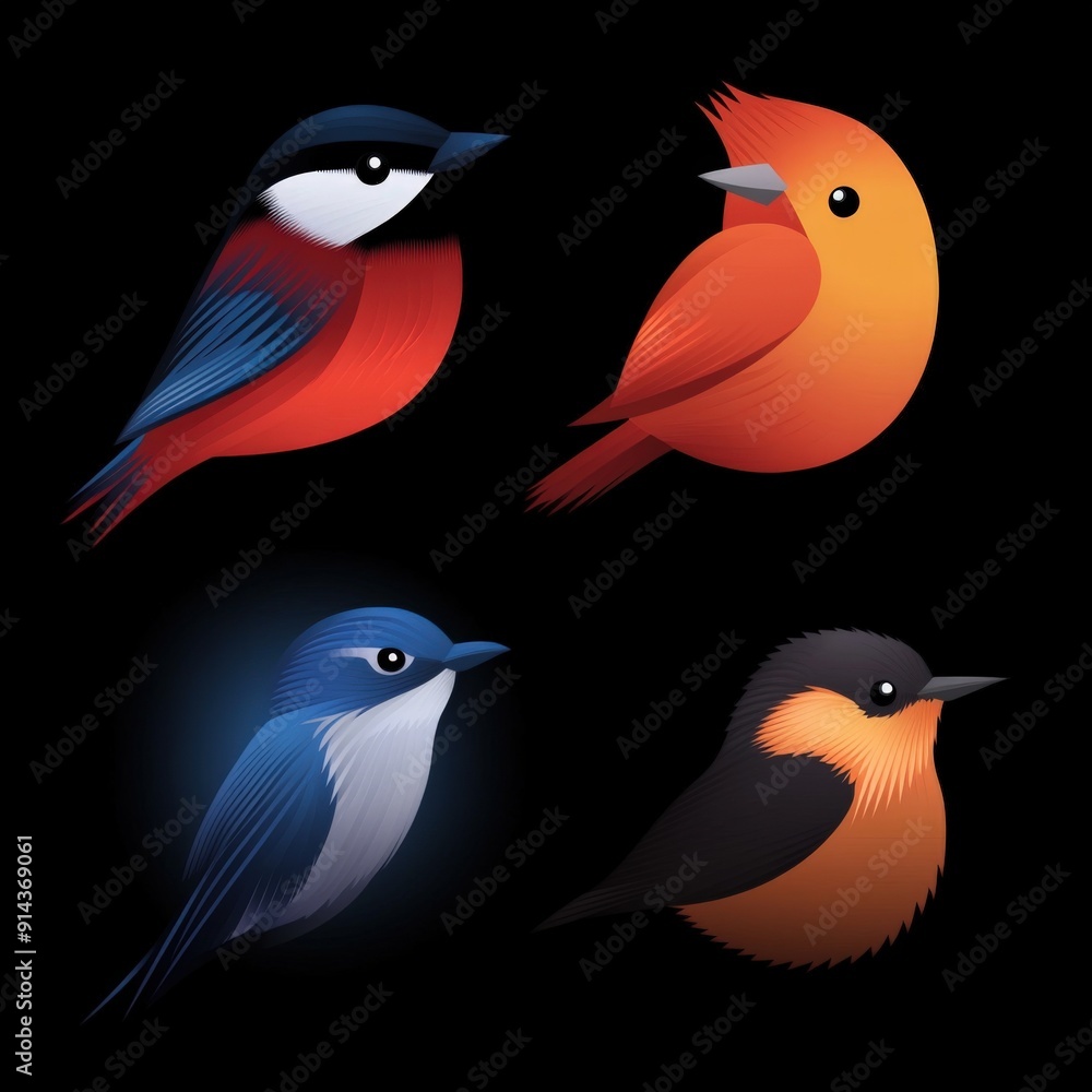 Naklejka premium Vibrant illustrated birds in artistic display against a dark background