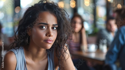 A young woman with curly hair sits in a cafe, looking thoughtful and slightly concerned.