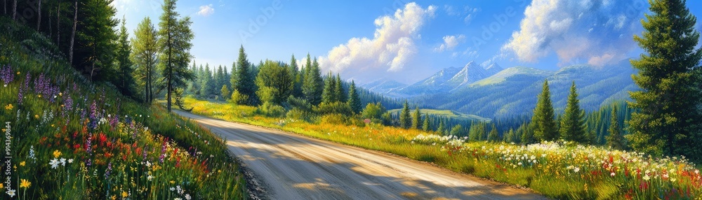 Road with pine trees and wildflowers on the side, colorful and vibrant Road with pine trees and wildflowers on the side, colorful and vibrant