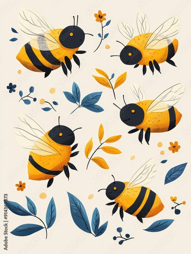 Cheerful Bees Flying Among Yellow and Blue Floral Motifs Cheerful Bees Flying Among Yellow and Blue Floral Motifs