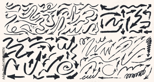 Big set of charcoal, brush stroke, ink arrows vector icons. Hand drawn design freehand different curved lines, swirls, scribbles, scrawls arrows. Template doodle marker drawing, chalk smears.