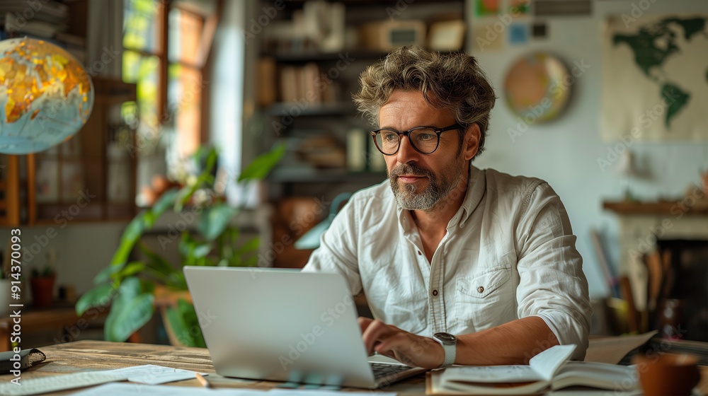 An entrepreneurial bearded and bespectacled businessman creating a small business, working in a latpop startup An entrepreneurial bearded and bespectacled businessman creating a small business, working in a latpop startup