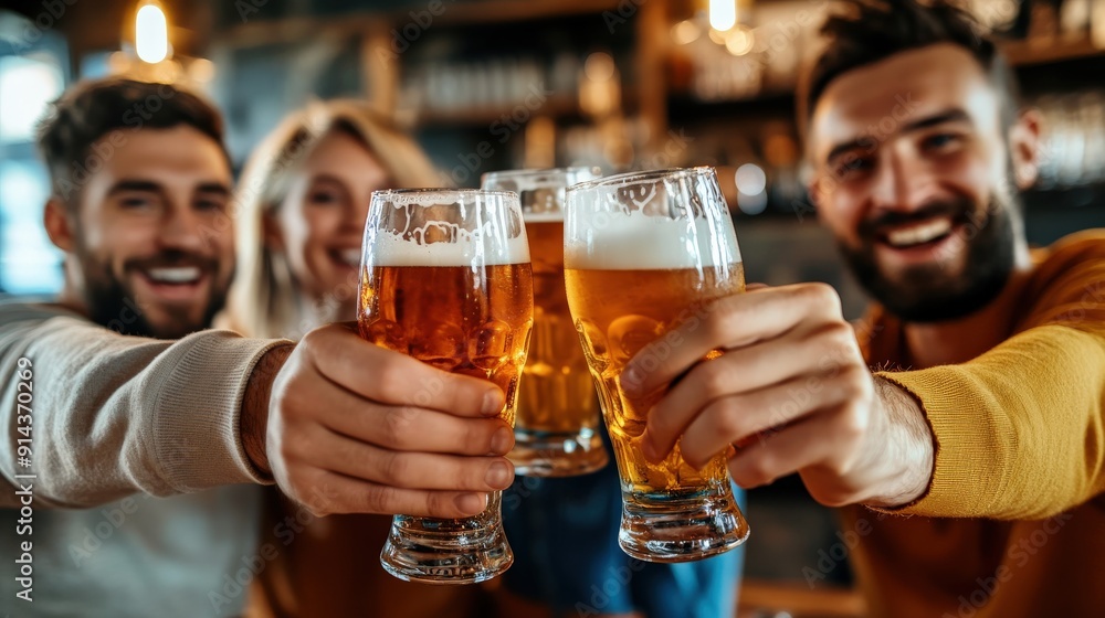 Three people are holding up their glasses of beer and smiling. Scene is happy and celebratory Three people are holding up their glasses of beer and smiling. Scene is happy and celebratory