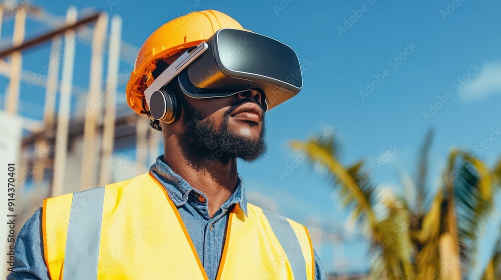 A man wearing a vest and a VR headset is standing in front of a building. He is holding his hands up in the air, possibly in a gesture of excitement or surprise A man wearing a vest and a VR headset is standing in front of a building. He is holding his hands up in the air, possibly in a gesture of excitement or surprise