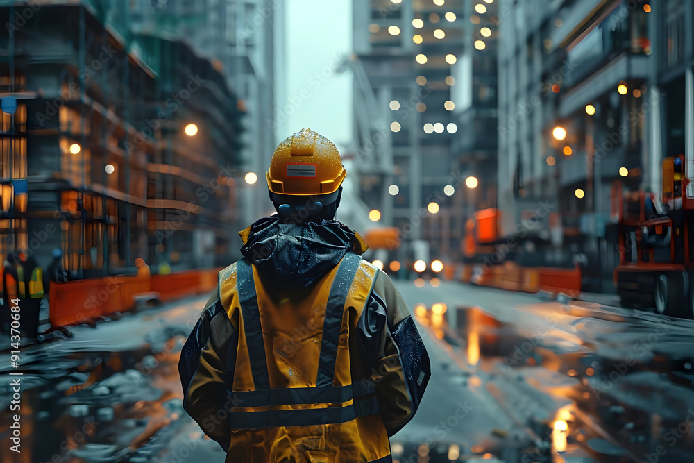 Construction worker in a yellow jacket stands in the middle of a wet city street, looking forward at the buildings under construction. Construction worker in a yellow jacket stands in the middle of a wet city street, looking forward at the buildings under construction.