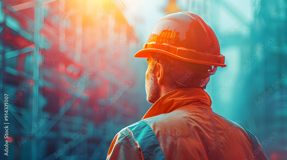 Construction worker in hard hat, back view. Construction worker in hard hat, back view.