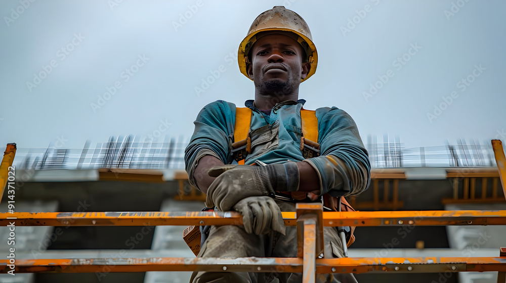 Construction worker in hard hat, looking directly at the camera, while standing on scaffolding. Construction worker in hard hat, looking directly at the camera, while standing on scaffolding.