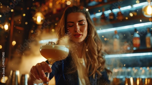 A young woman smiles as she holds up a cocktail. She is wearing a blue jacket over a white top.