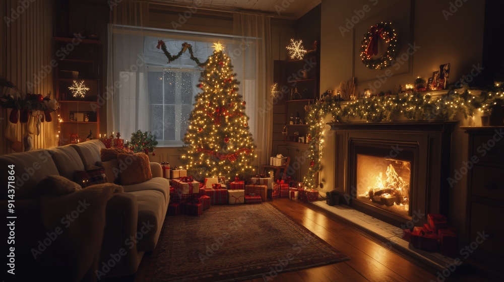 A cozy living room features a decorated Christmas tree and a fireplace, creating a warm, inviting atmosphere filled with holiday cheer A cozy living room features a decorated Christmas tree and a fireplace, creating a warm, inviting atmosphere filled with holiday cheer