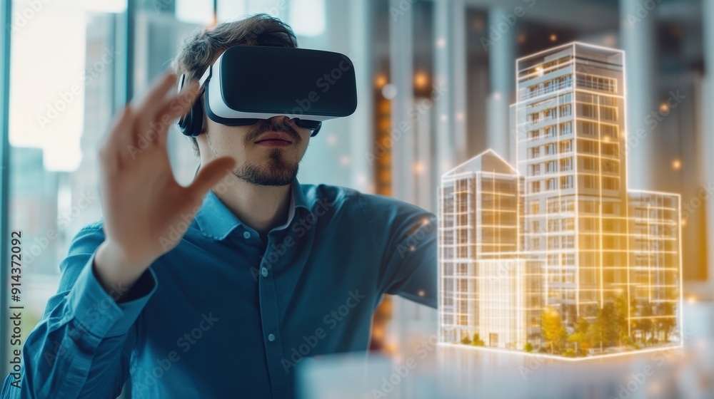 An engineer man with virtual reality Technology modern ecological urban blue skyscraper building city design futuristic architecture