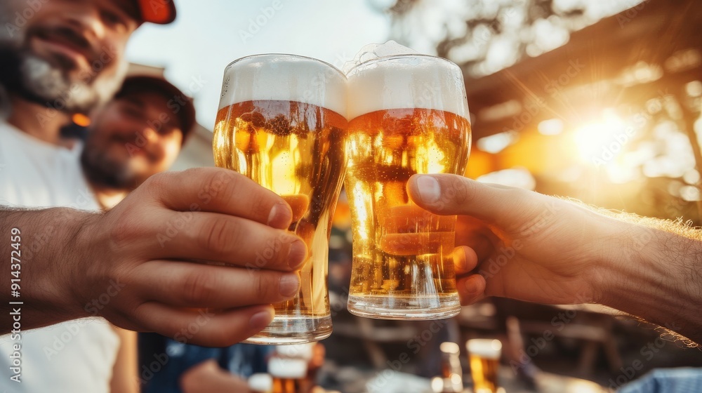 A people are holding up their beer glasses in a celebratory manner. The scene is set outdoors, with a dining table and chairs in the background. There are also other people present A people are holding up their beer glasses in a celebratory manner. The scene is set outdoors, with a dining table and chairs in the background. There are also other people present