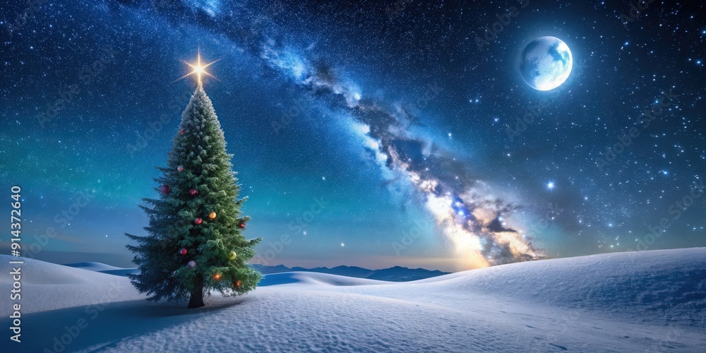 Fototapeta premium Christmas tree on snowy hills under a starry sky with crescent moon and Milky Way, Christmas, tree, snowy hills