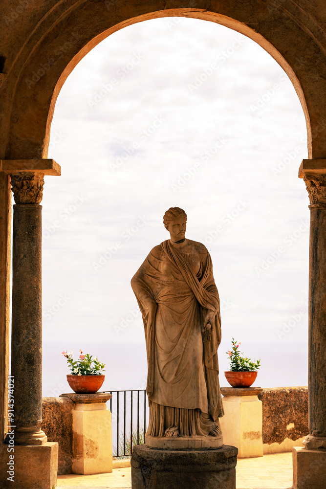 Ancient Statue Framed by Archway with Sea View, Terrace of Infinity, Gardens of Villa Cimbrone villa in ravello, Italy, Europe