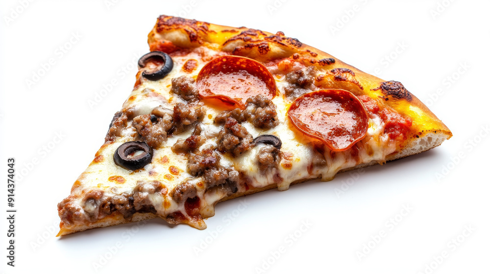 A slice of pizza with melted cheese, mushrooms, sausage, and olives. It also has pepperoni and mozzarella. It's a fast and tasty food that can be taken away or delivered. A slice of pizza with melted cheese, mushrooms, sausage, and olives. It also has pepperoni and mozzarella. It's a fast and tasty food that can be taken away or delivered.