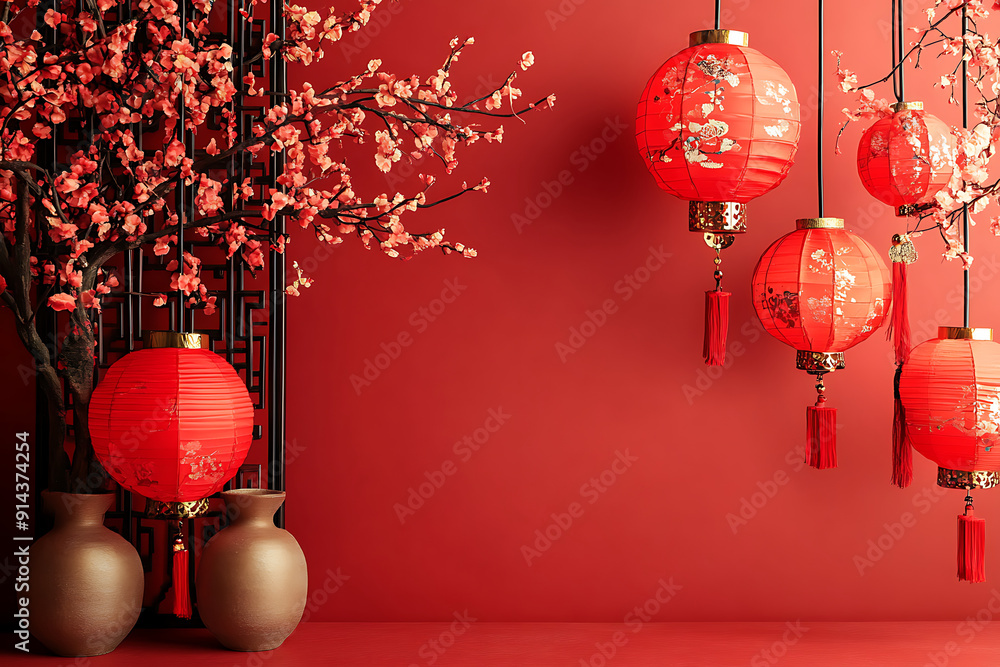 Classic Chinese new year background. Hanging silk lanterns and spring blooming branches on red background