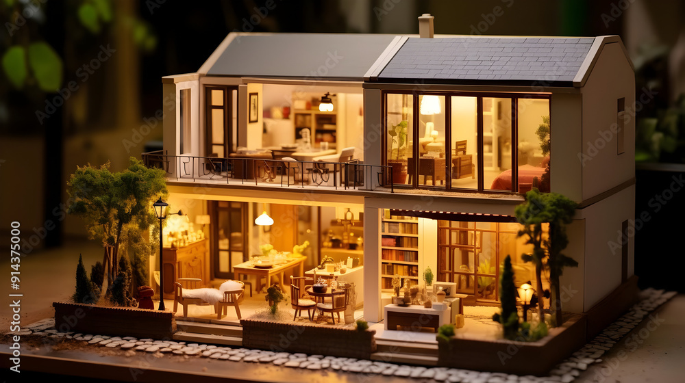 Detailed miniature house model with illuminated interior and exterior, showcasing a modern design. Detailed miniature house model with illuminated interior and exterior, showcasing a modern design.