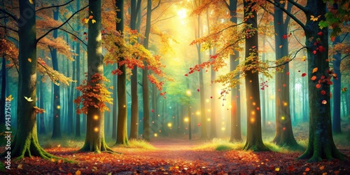 Enchanting forest with vibrant, shimmering leaves, magical, forest, enchanted, leaves, vibrant, shimmering, mystical, whimsical