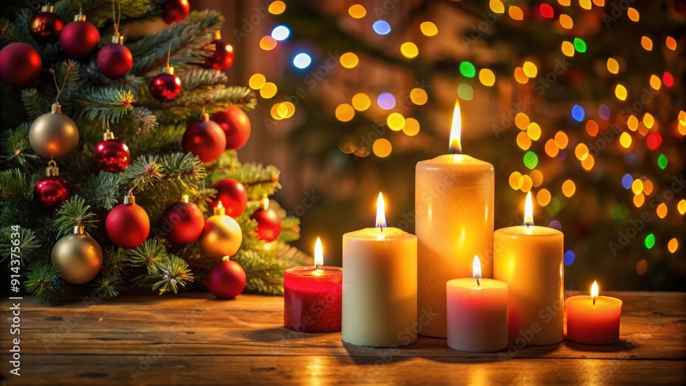 Christmas candles glowing with a festive Christmas tree in the background, Christmas, candles, holiday, celebration Christmas candles glowing with a festive Christmas tree in the background, Christmas, candles, holiday, celebration