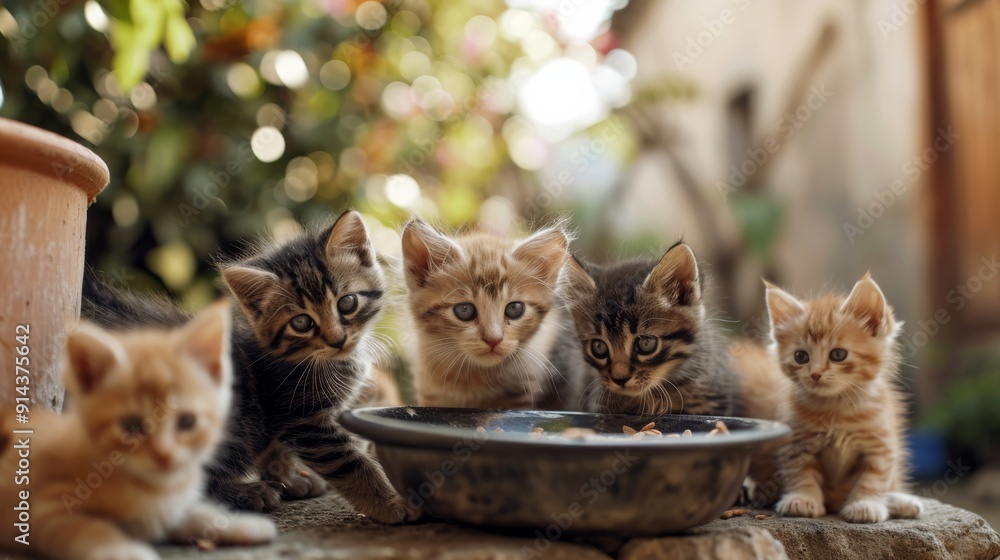 photograph of Adorable kittens gathered around a food bowl photograph of Adorable kittens gathered around a food bowl