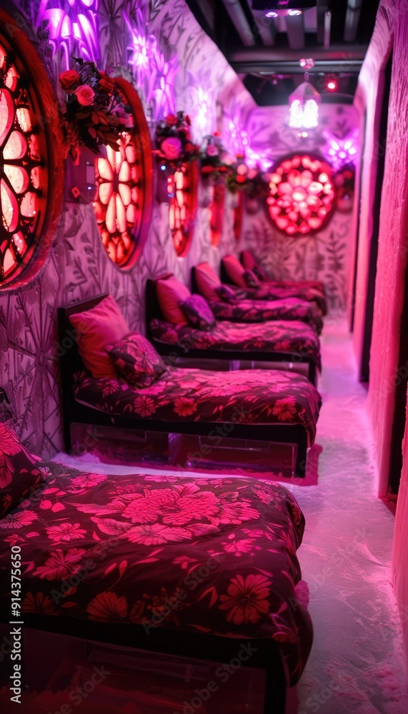 Fototapeta premium A spacious room with beds lined up, lit by soft pink lights