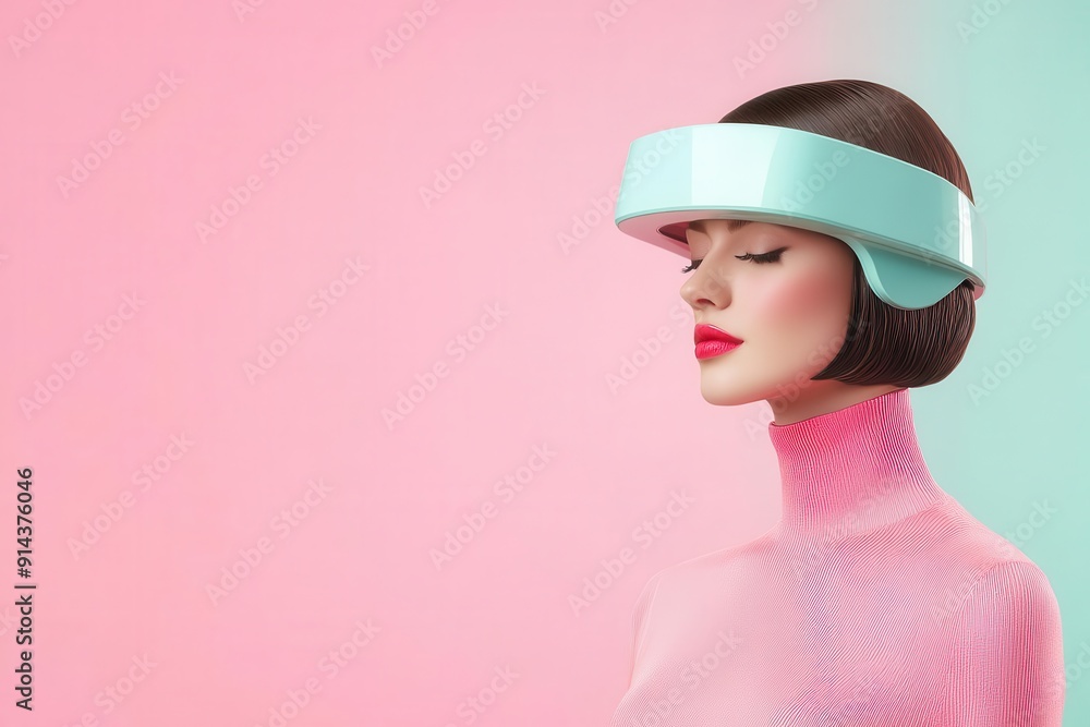 A woman with a modern headband relaxes against a pastel background, showcasing a blend of technology and beauty.