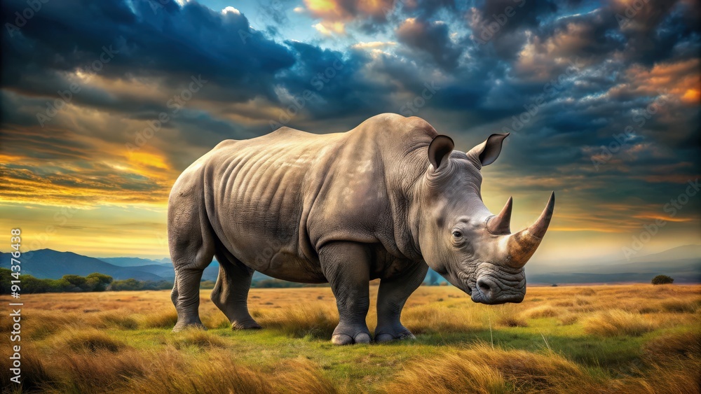 Obraz premium A detailed photo of a majestic rhino in its natural habitat, wildlife, Africa, endangered, horn, big five, safari, powerful