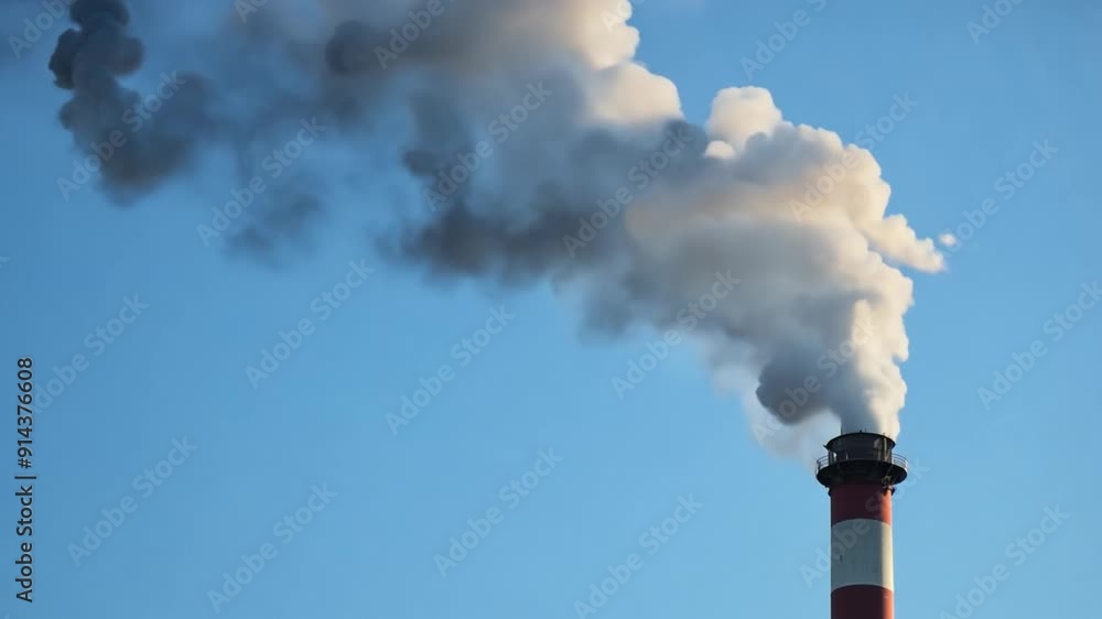 A smokestack from a factory emits thick smoke into the atmosphere, plumes of pollution rising into the clear sky, a serious environmental threat and contributing to global warming.Generative AI A smokestack from a factory emits thick smoke into the atmosphere, plumes of pollution rising into the clear sky, a serious environmental threat and contributing to global warming.Generative AI