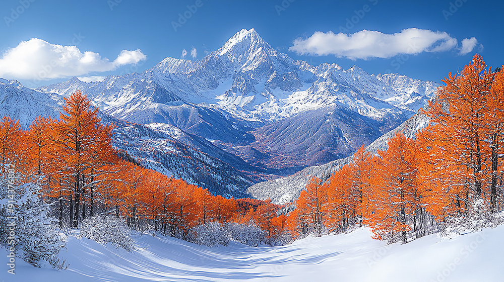 High-resolution capture of a sunrise over a snowy mountain range, with ...