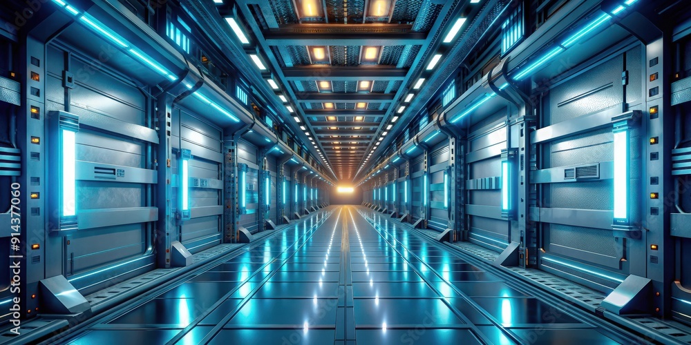 Futuristic industrial corridor with metallic surfaces and glowing lights, Futuristic, industrial, corridor, metallic Futuristic industrial corridor with metallic surfaces and glowing lights, Futuristic, industrial, corridor, metallic