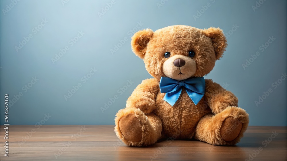 Realistic of a brown teddy bear with a blue bow tie sitting against a plain background with copy space, teddy bear Realistic of a brown teddy bear with a blue bow tie sitting against a plain background with copy space, teddy bear