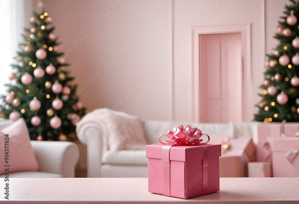 A pink gift box with a pink bow on a white table, with a blurred christmas tree in the background A pink gift box with a pink bow on a white table, with a blurred christmas tree in the background