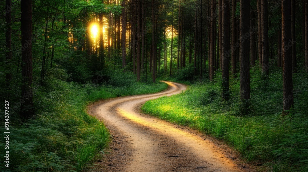 Fototapeta premium Serene Sunset Forest Path Winding through Majestic Pines