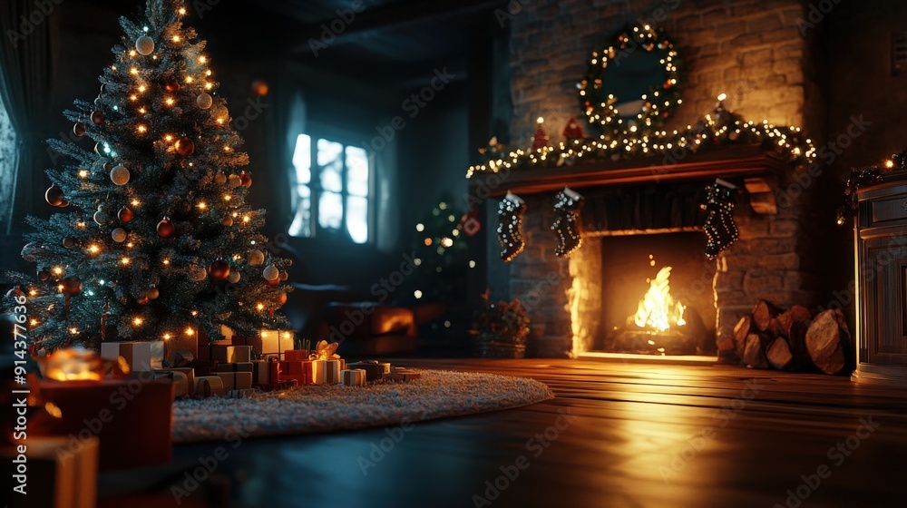 A warm room features a decorated Christmas tree, glowing fireplace, and wrapped gifts, evoking the spirit of a serene winter evening, happy new year 2025 and merry christmas theme A warm room features a decorated Christmas tree, glowing fireplace, and wrapped gifts, evoking the spirit of a serene winter evening, happy new year 2025 and merry christmas theme