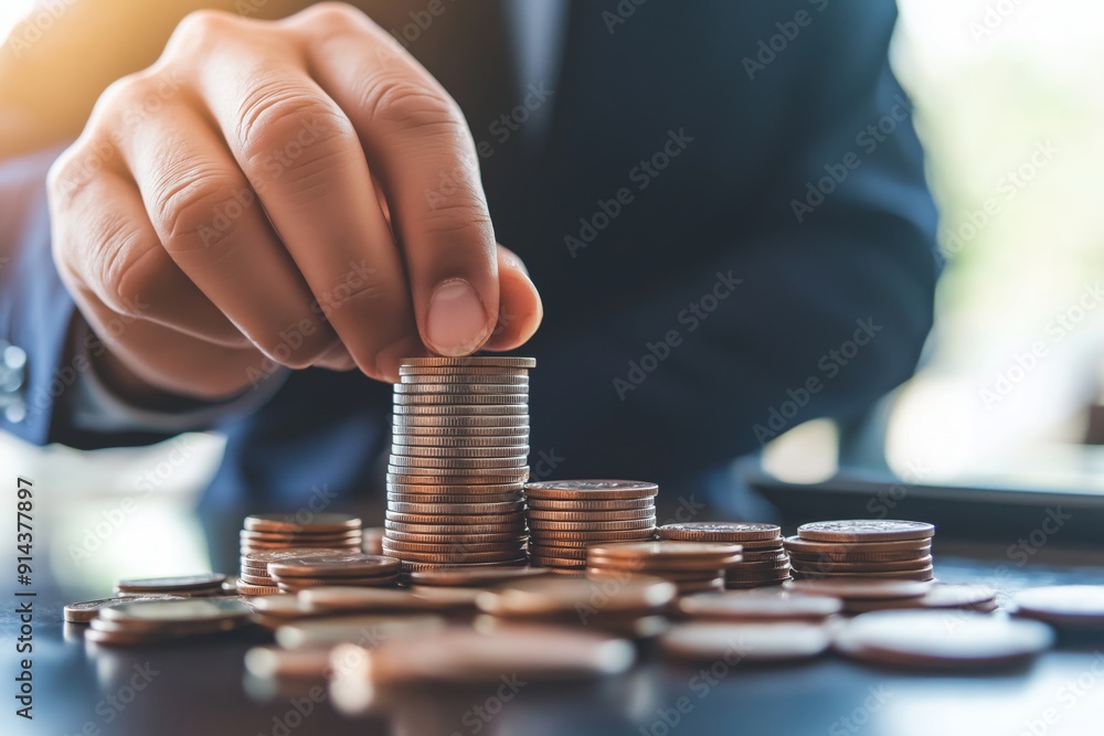 Close-up Of Businessman Hand Put Coins To Stack Of Coins Close-up Of Businessman Hand Put Coins To Stack Of Coins