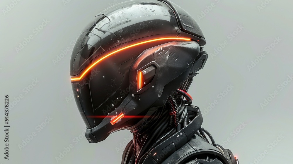 A remarkable, futuristic robotic helmet featuring eyecatching neon accents for aesthetics A remarkable, futuristic robotic helmet featuring eyecatching neon accents for aesthetics