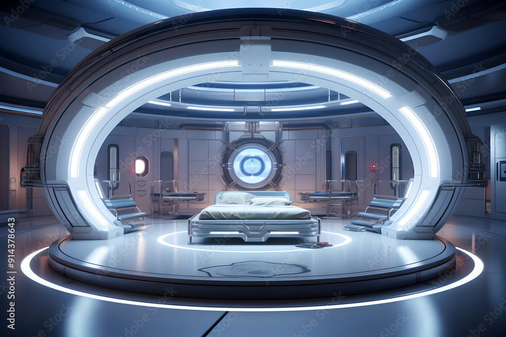 Futuristic bedroom with a bed in the center of a circular room. Futuristic bedroom with a bed in the center of a circular room.