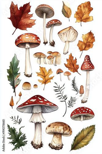 Autumn Mushroom and Leaf Illustrations PNG Sheet and Poster for Bullet Journals and Fall Decor