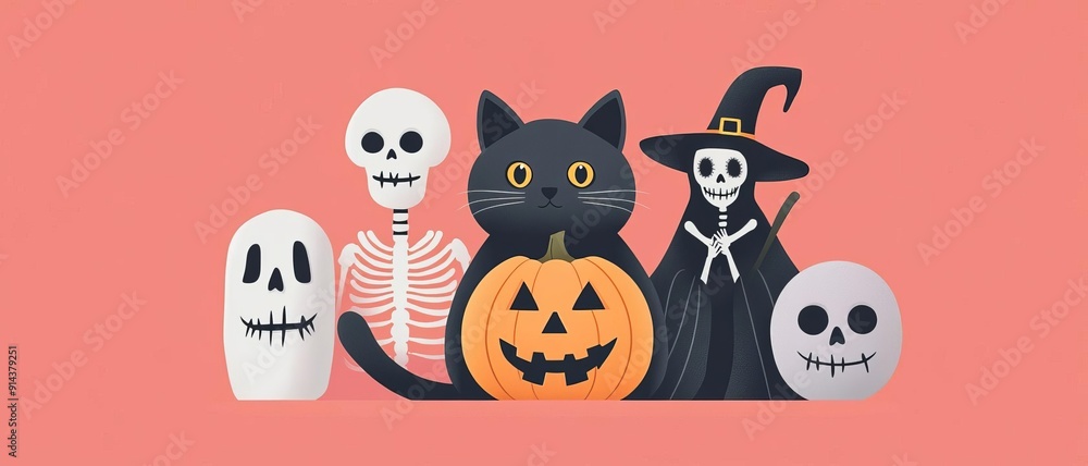 Cat in front of pumpkin, skeleton and witch behind, flat design illustration Cat in front of pumpkin, skeleton and witch behind, flat design illustration