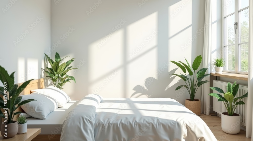 A bright and serene minimalist bedroom with white walls, large windows, cozy bedding, and potted green plants, creating a peaceful and inviting atmosphere. A bright and serene minimalist bedroom with white walls, large windows, cozy bedding, and potted green plants, creating a peaceful and inviting atmosphere.