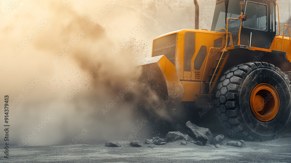 A yellow construction vehicle is covered in dust and rocks A yellow construction vehicle is covered in dust and rocks