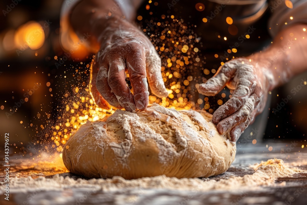 Minimalist mockup of a baker's hands kneading sourdough bread dough on a floured surface. Baker's Hands Perfecting a Freshly Baked Sourdough Loaf Minimalist mockup of a baker's hands kneading sourdough bread dough on a floured surface. Baker's Hands Perfecting a Freshly Baked Sourdough Loaf