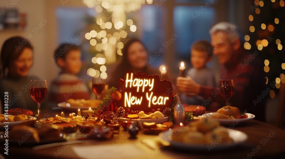 Loved ones gather around a festive table filled with delicious food and drinks, celebrating the arrival of the New Year with laughter and joy, happy new year 2025 and merry christmas theme Loved ones gather around a festive table filled with delicious food and drinks, celebrating the arrival of the New Year with laughter and joy, happy new year 2025 and merry christmas theme