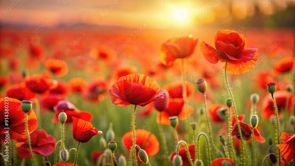 Fototapeta premium Field of blooming red poppies, poppy, field, red, nature, flowers, bloom, vibrant, meadow, landscape, summer, beauty