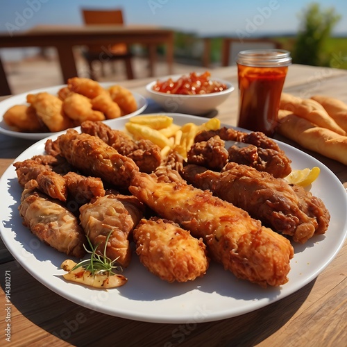 Fast food snacks and drink on table, chicken French fries. radiational American food. fast food, food bad for figure, skin, heart and teeth.