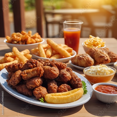 Fast food snacks and drink on table, chicken French fries. radiational American food. fast food, food bad for figure, skin, heart and teeth. photo