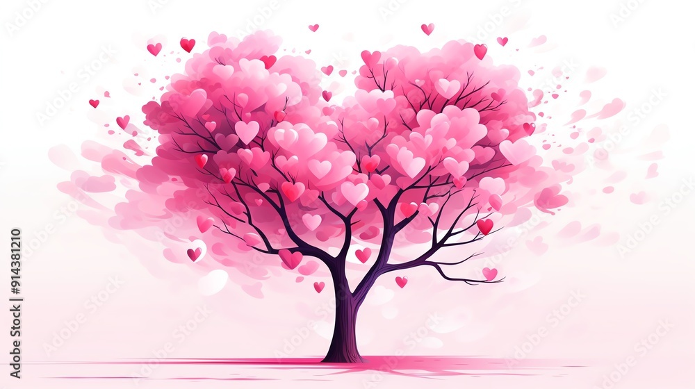 Fototapeta premium Pink hearts tree flat design side view affectionate theme water color complementary color scheme